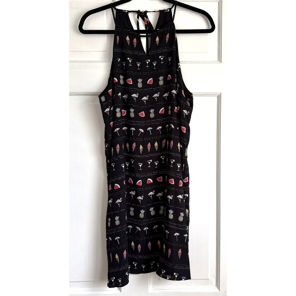 Finn & Grace‎ Black Tropical Flamingo Pineapple Halter Mini Dress Womens Medium